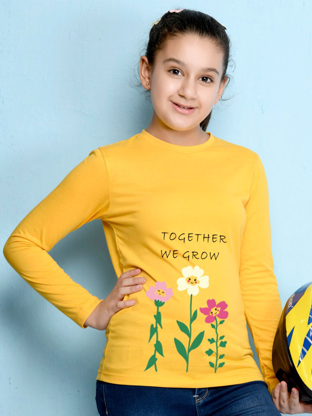 NUSYL Girls Yellow Graphic Print Long Sleeves Cotton T Shirt