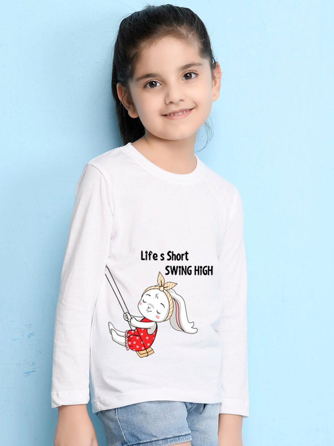 NUSYL Girls White Graphic Print Long Sleeves Cotton T Shirt