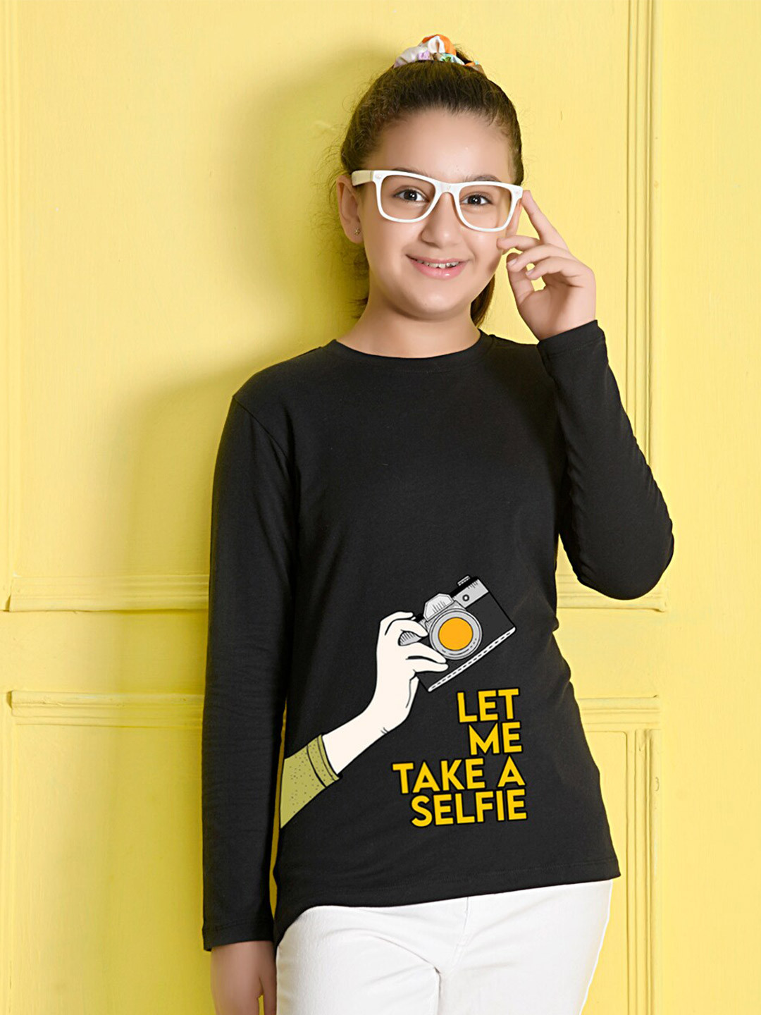 NUSYL Girls Black Graphic Print Long Sleeves Cotton T Shirt