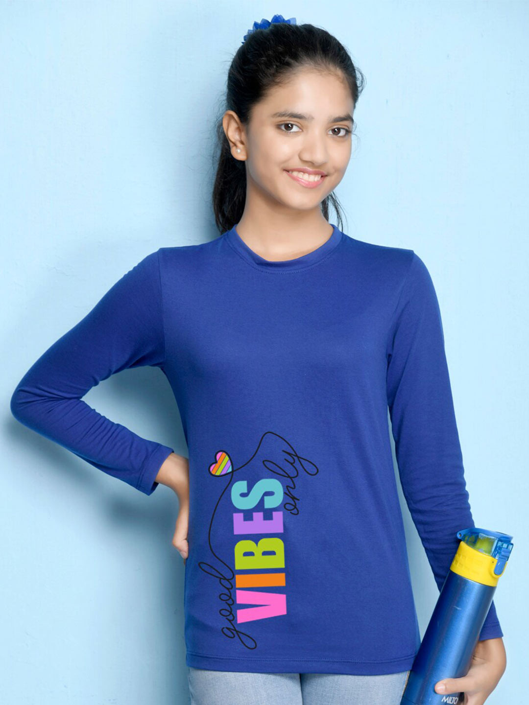 NUSYL Girls Royal Blue Typography Print Long Sleeves Cotton T Shirt