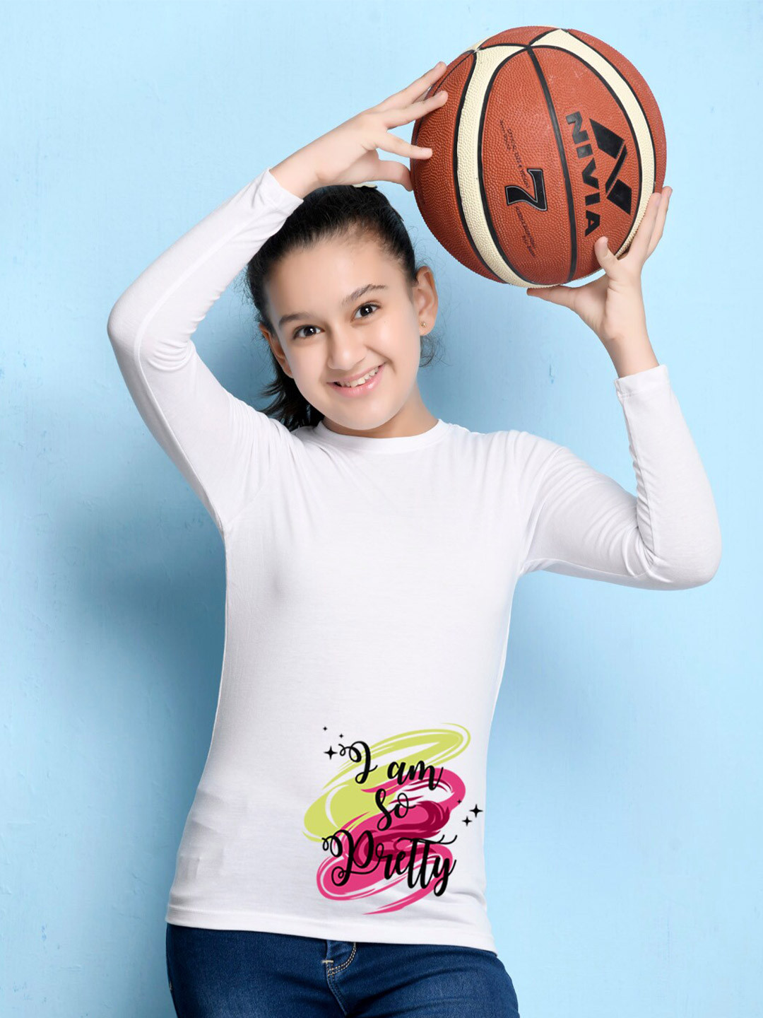 NUSYL Girls White Typography Print Long Sleeves Cotton T Shirt