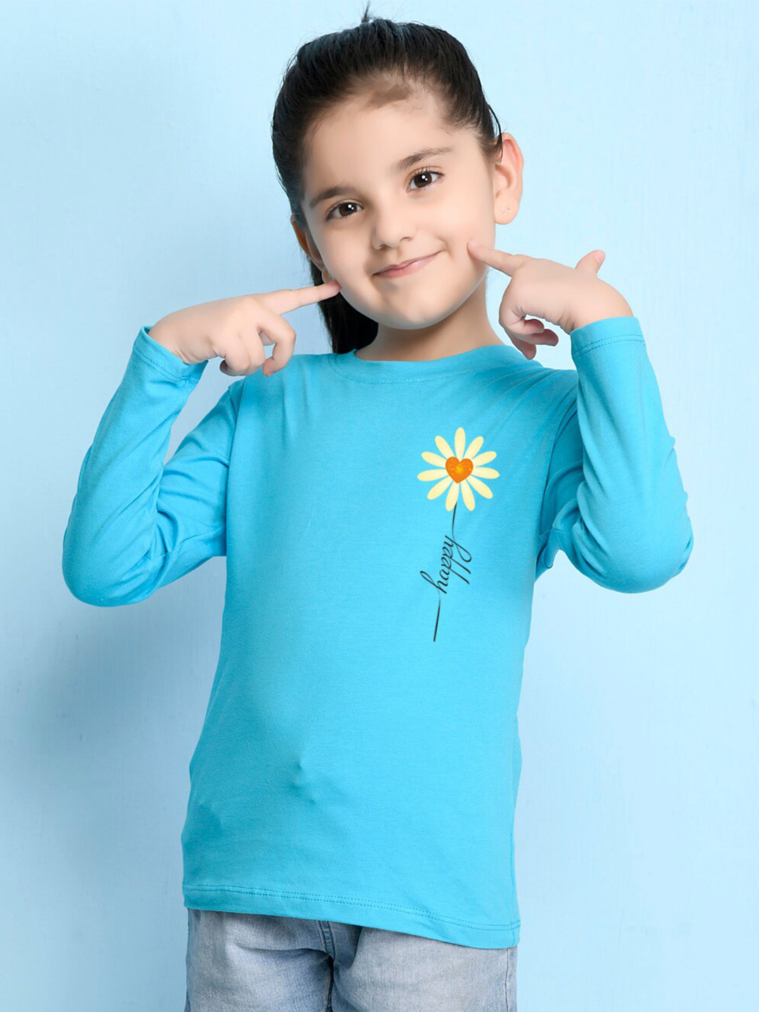 NUSYL Girls Sky Blue Flower Print Long Sleeves Cotton T Shirt