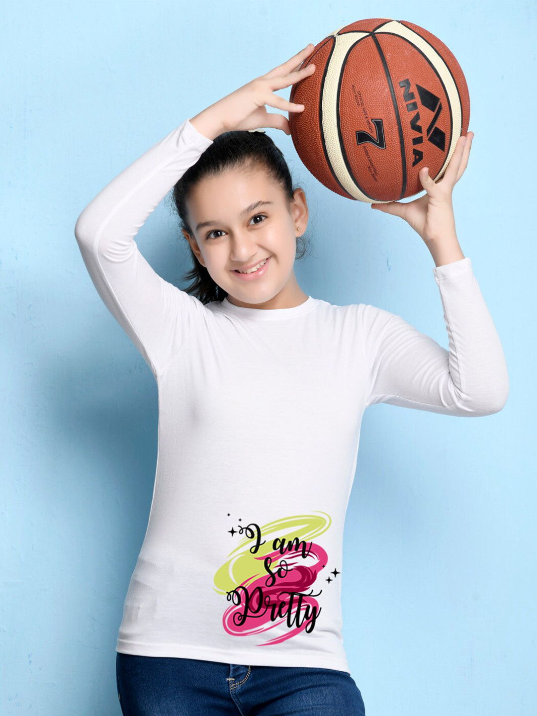 NUSYL Girls White Typography Print Long Sleeves Cotton T Shirt