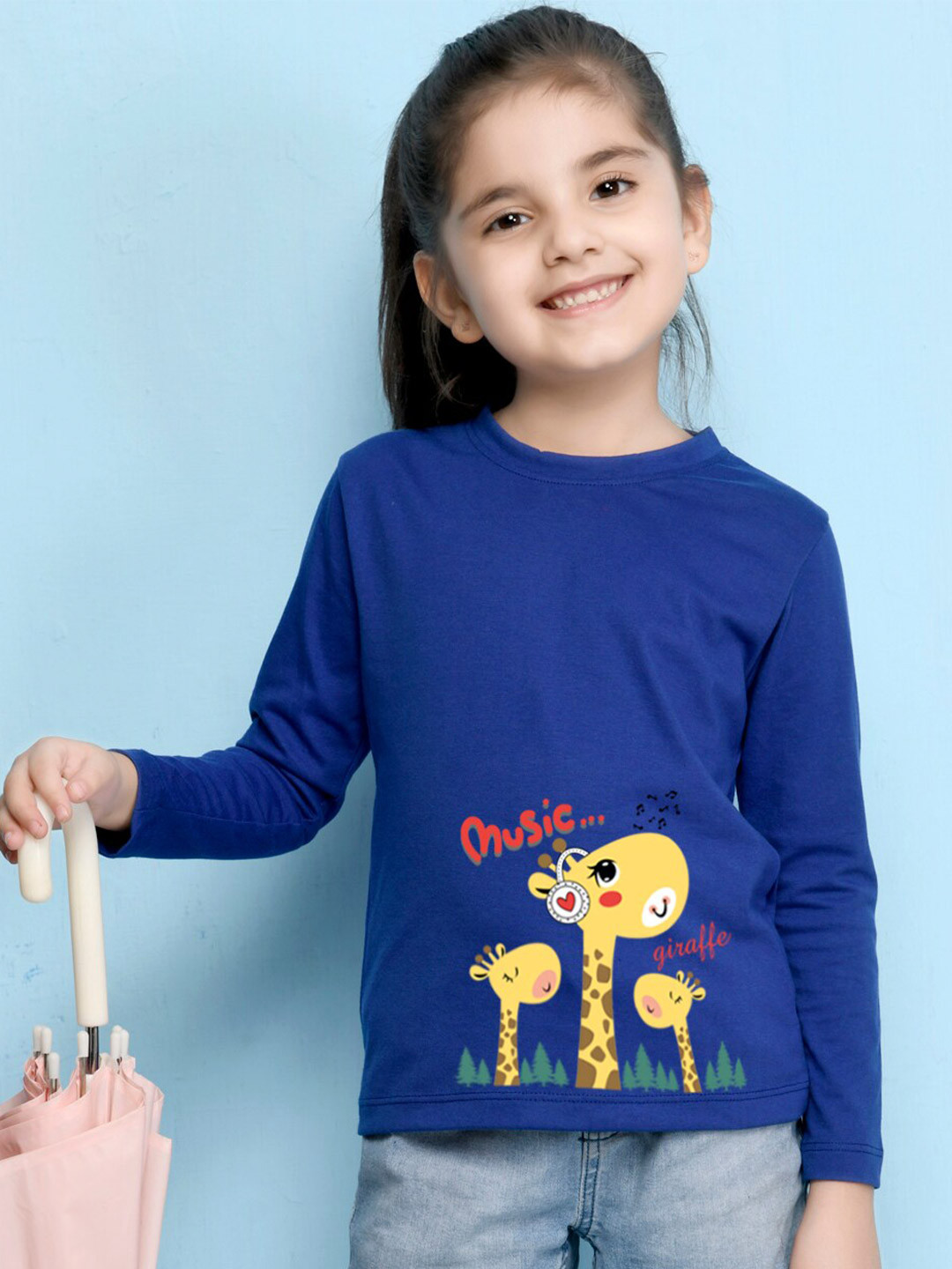 NUSYL Girls Royal Blue Graphic Print Long Sleeves Cotton T Shirt