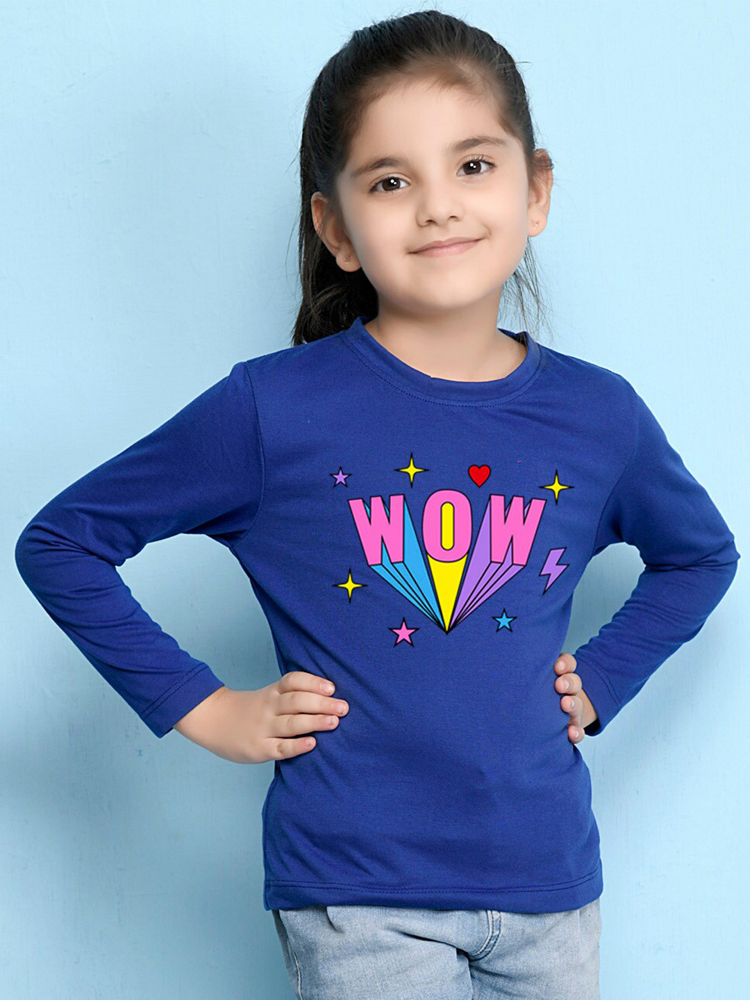 NUSYL Girls Royal Blue Typography Print Long Sleeves Cotton T Shirt
