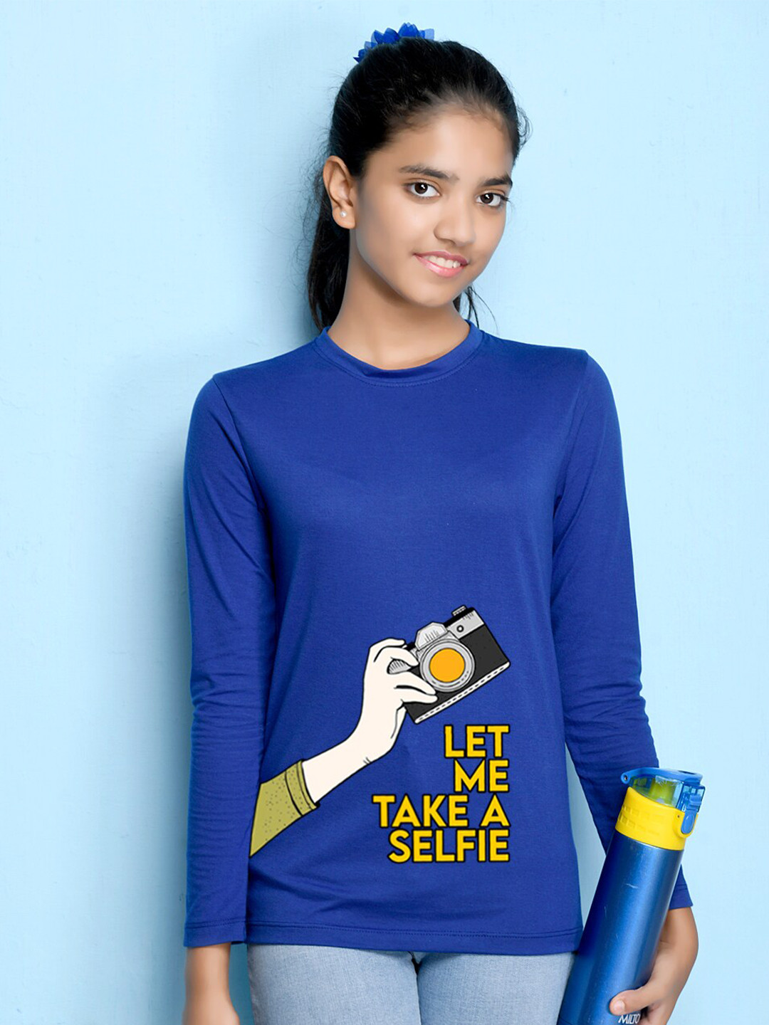 NUSYL Girls Royal Blue Graphic Print Long Sleeves Cotton T Shirt