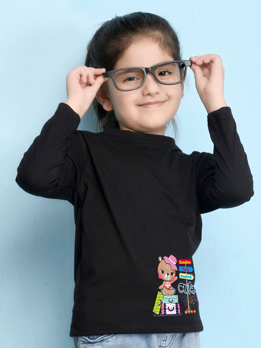 NUSYL Girls Black Graphic Print Long Sleeves Cotton T Shirt