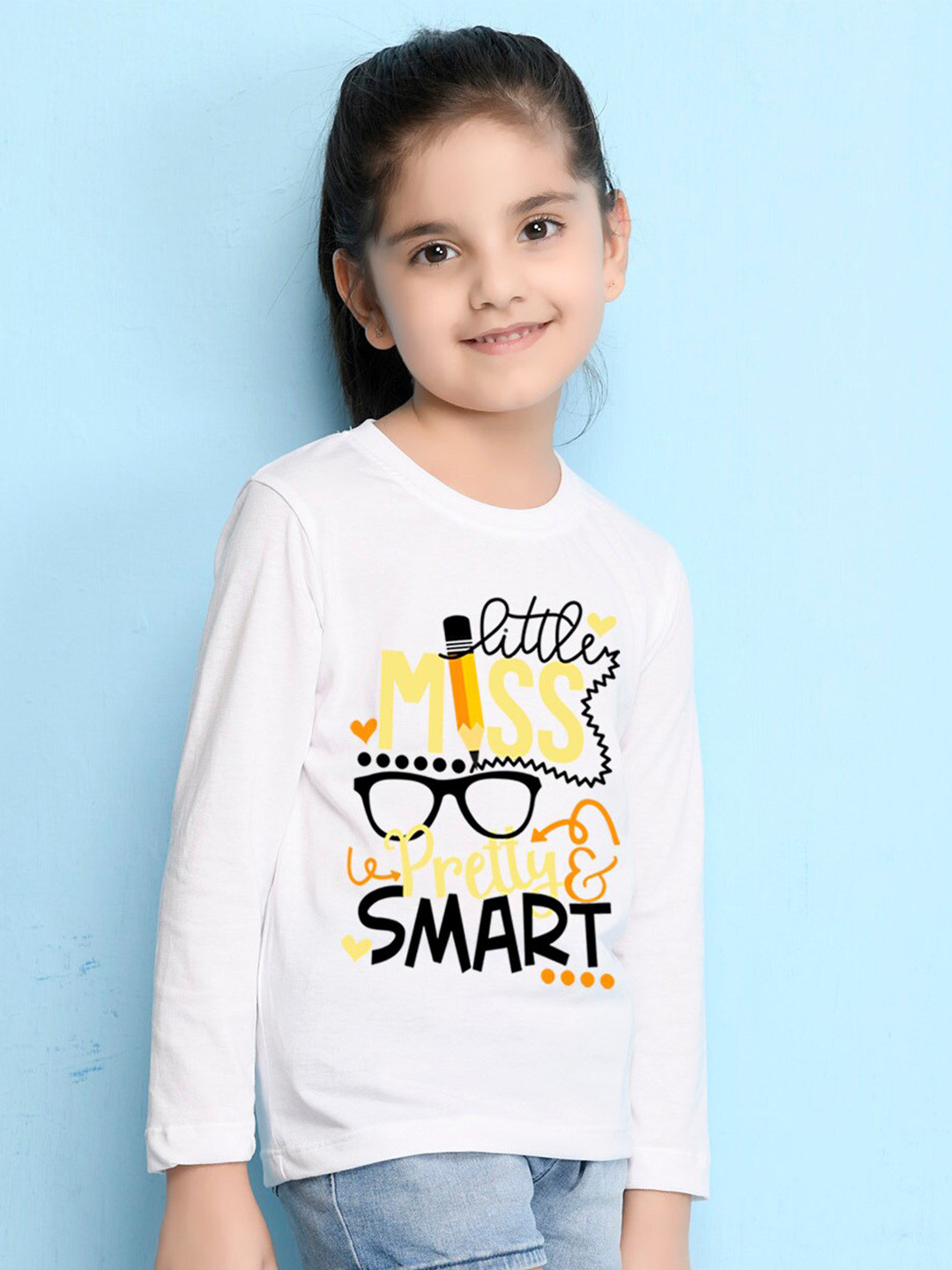 NUSYL Girls White Typography Print Long Sleeves Cotton T Shirt