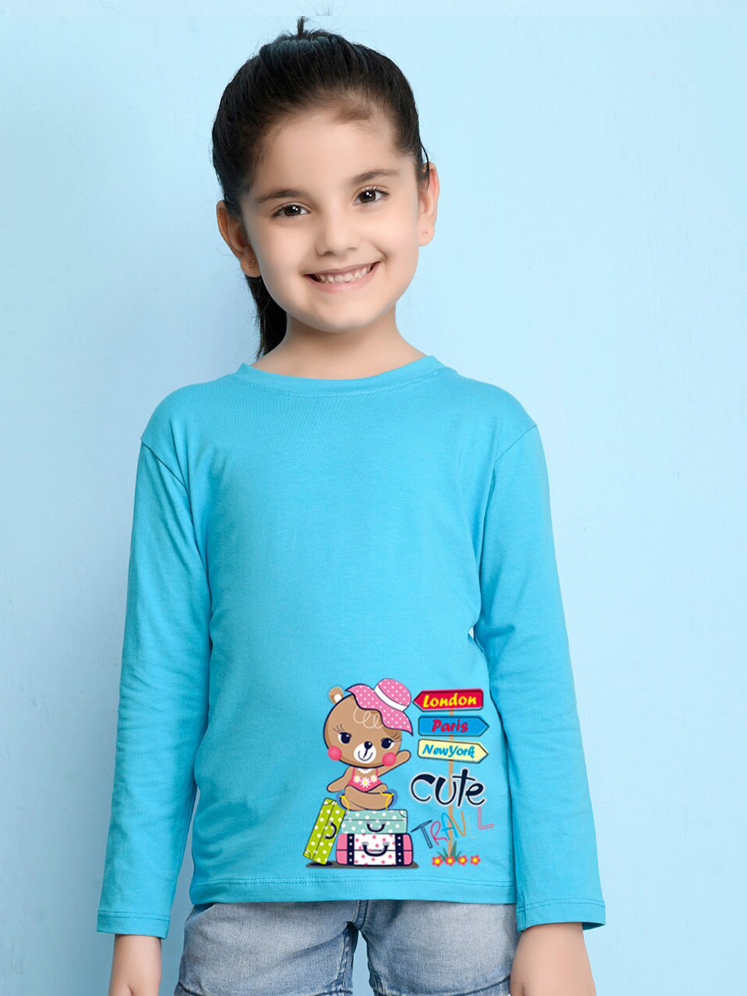 NUSYL Girls Sky Blue Graphic Print Long Sleeves Cotton T Shirt