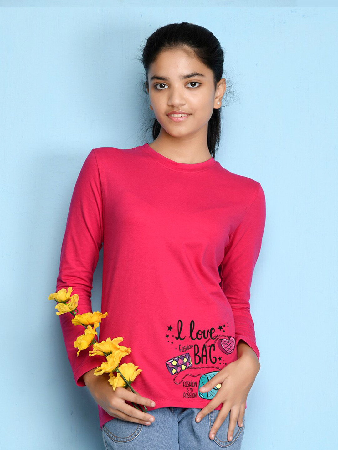 NUSYL Girls Pink Typography Printed Indigo T-shirt