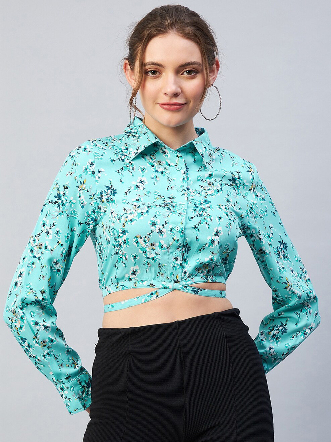 RARE Sea Green Floral Print Crepe Shirt Style Crop Top