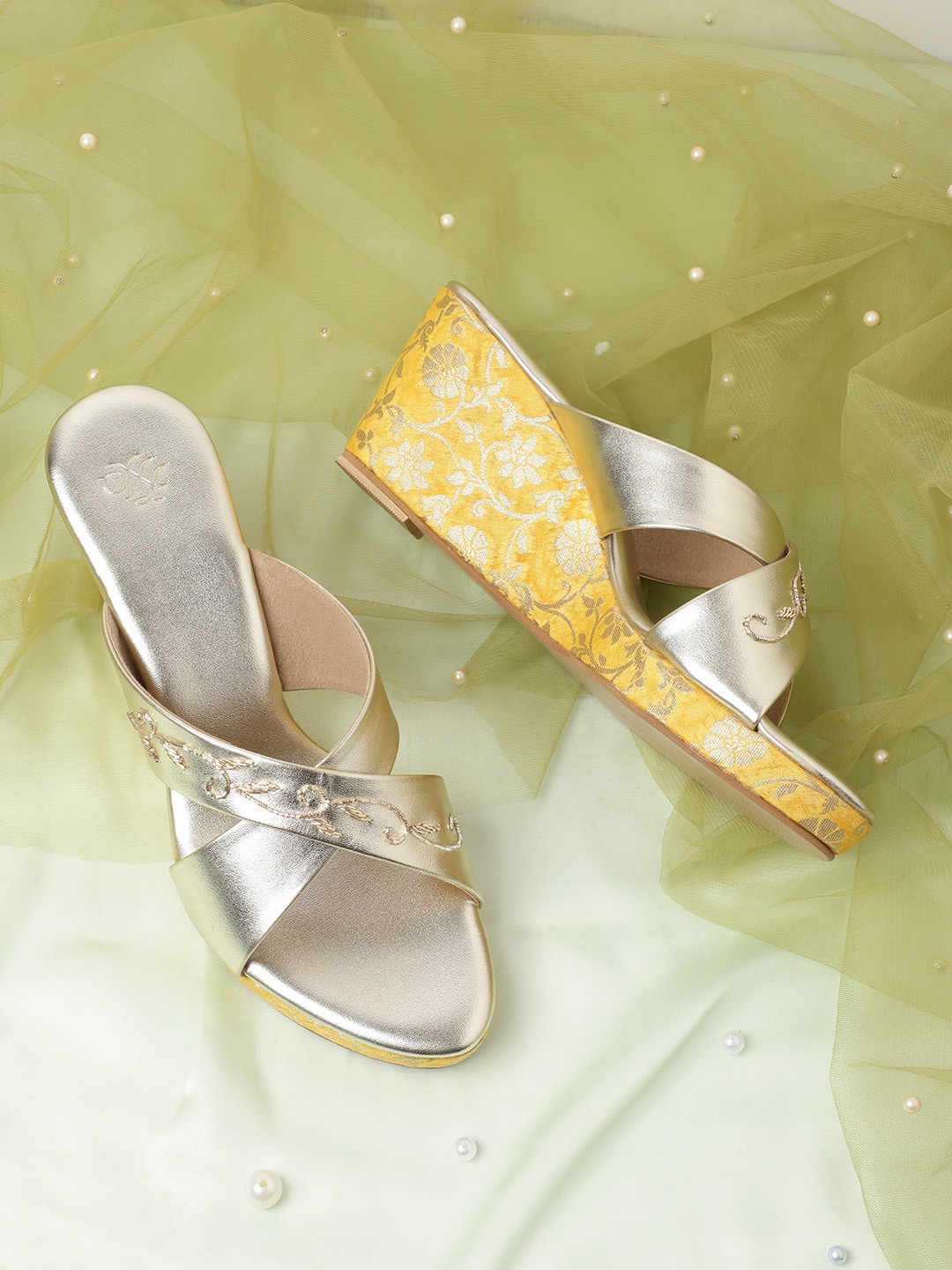 House of Pataudi Women Gold-Toned Handcrafted Ethnic Wedge Sandals