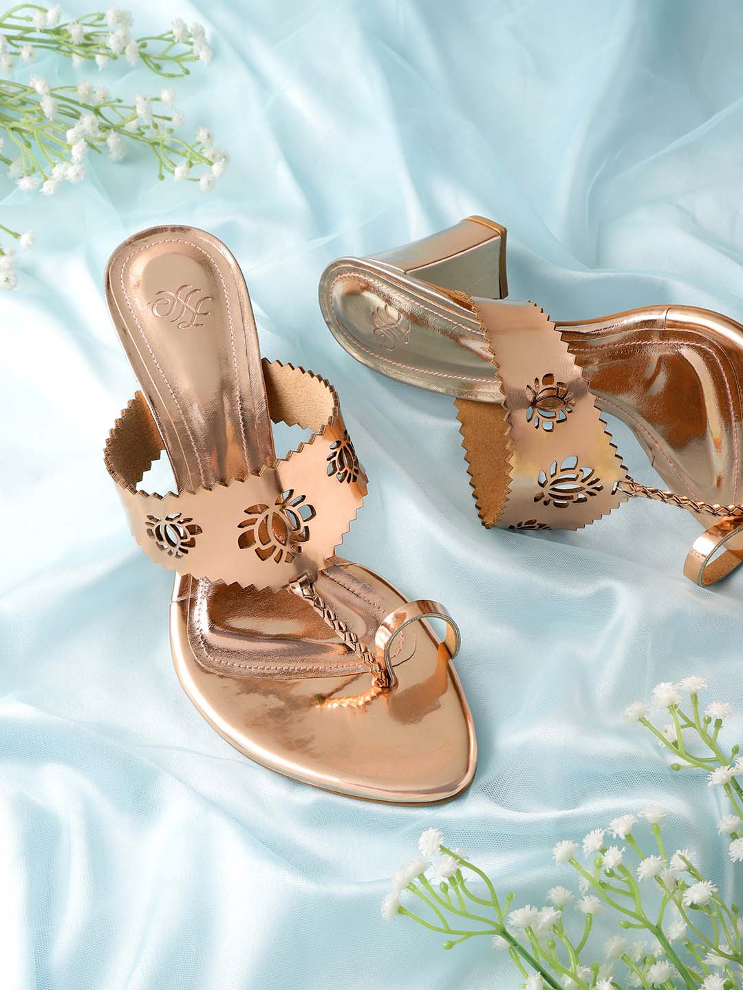 House of Pataudi Women Rose Gold Handcrafted Ethnic Block Heel Sandals with Laser Cuts