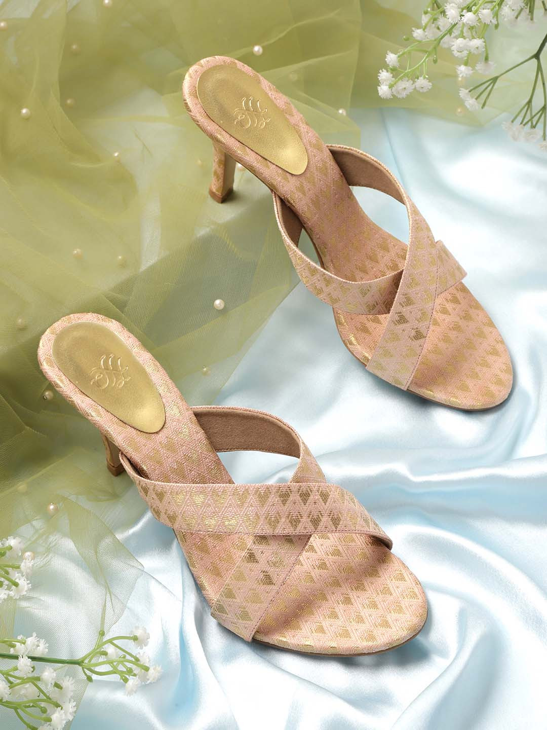 House of Pataudi Women Peach & Gold-Toned Handcrafted Printed Slim Heel Sandals