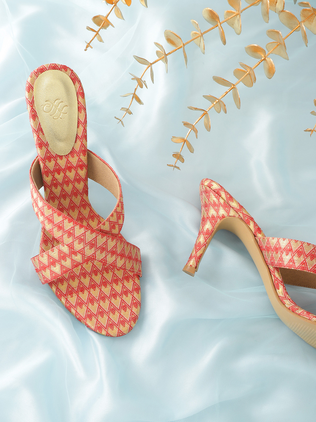 House of Pataudi Women Red & Gold-Toned Handcrafted Printed Slim Heel Sandals