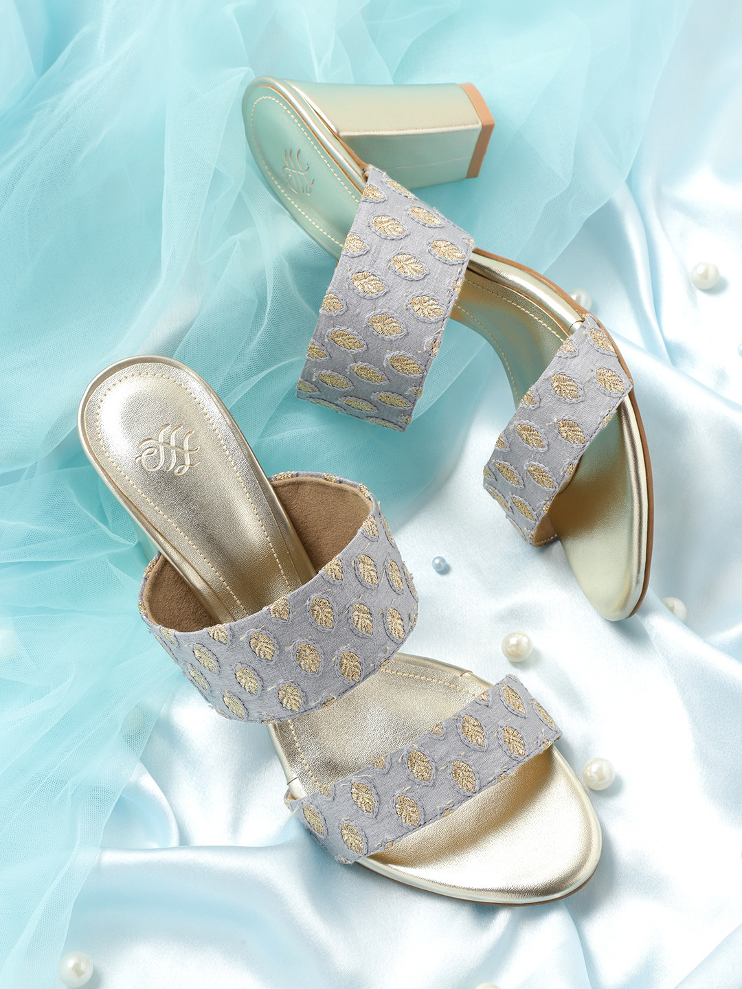 House of Pataudi Women Blue & Golden Textured Ethnic Block Heel Sandals