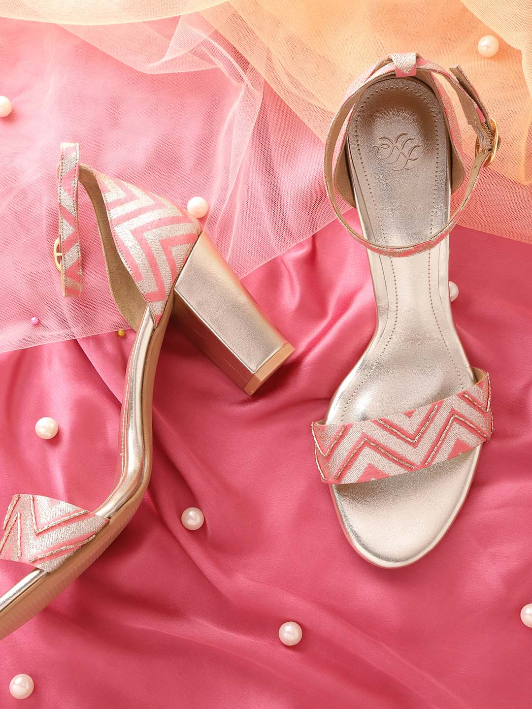 House of Pataudi Women Pink & Rose Gold Printed Ethnic Block Heel Sandals