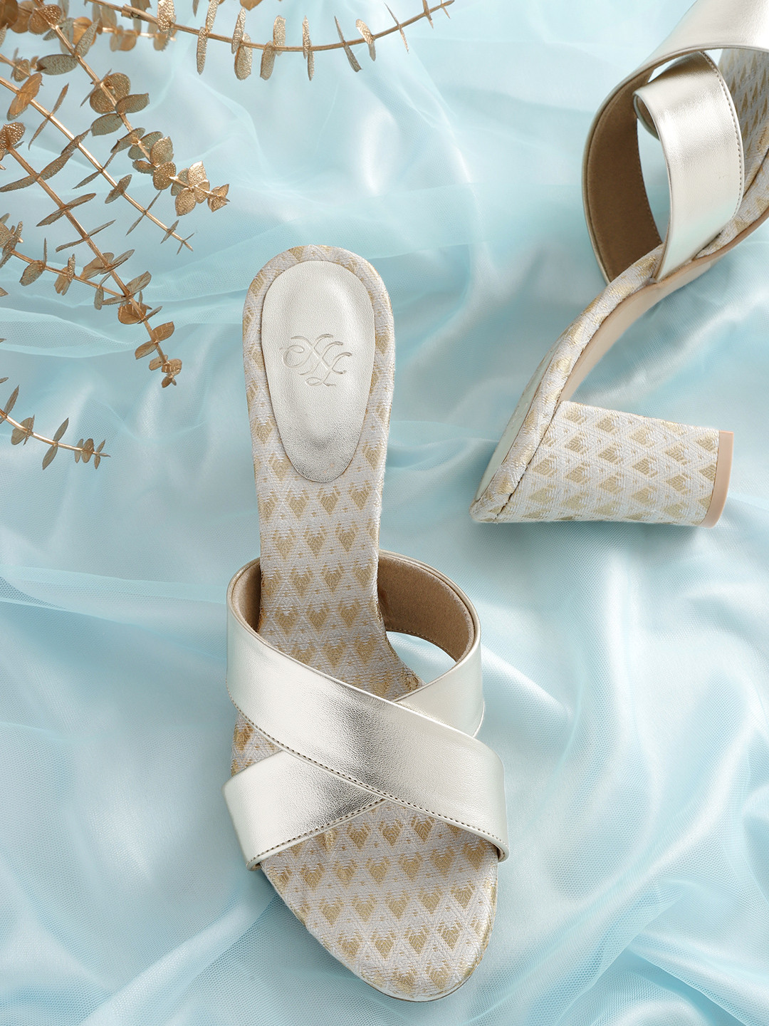 House of Pataudi Women Golden Ethnic Block Heel Sandals