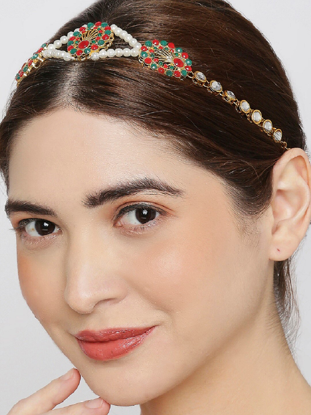 OOMPH Gold-Tone Green & Red Kundan & Pearls Head Chain