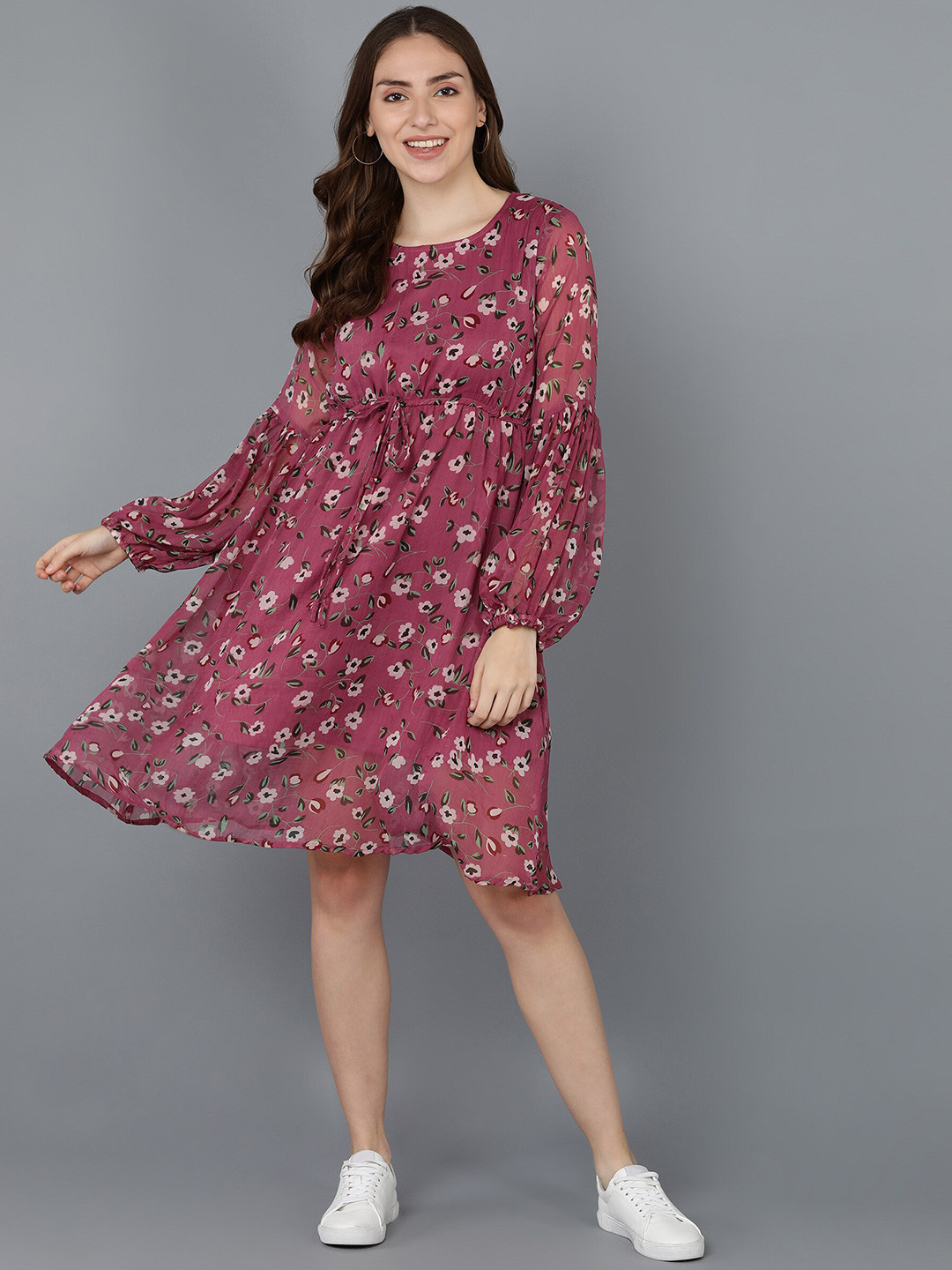 Fashfun Pink Floral Printed Chiffon A-Line Dress