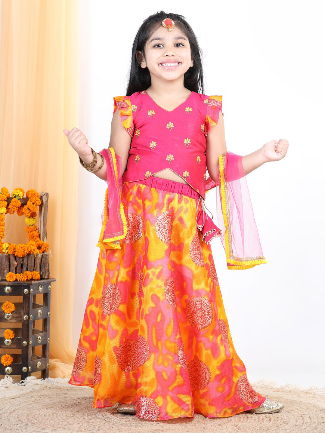 Here&Now X Kinder Kids Girls Pink & Yellow Embroidered Lehenga & Blouse With Dupatta Set
