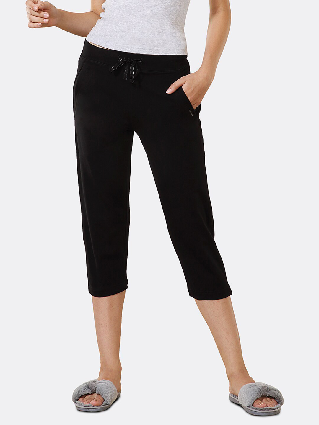 Van Heusen Women Black Solid Smart Tech+ Easy Stain Release Lounge Capris