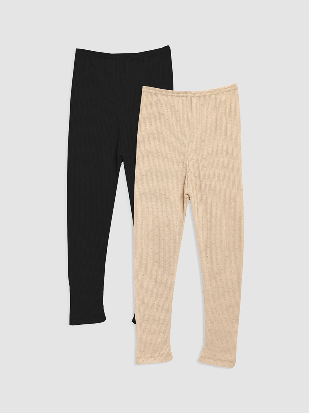 Kanvin Girls Pack Of 2 Black & Beige Striped Patterned  Thermal Bottoms