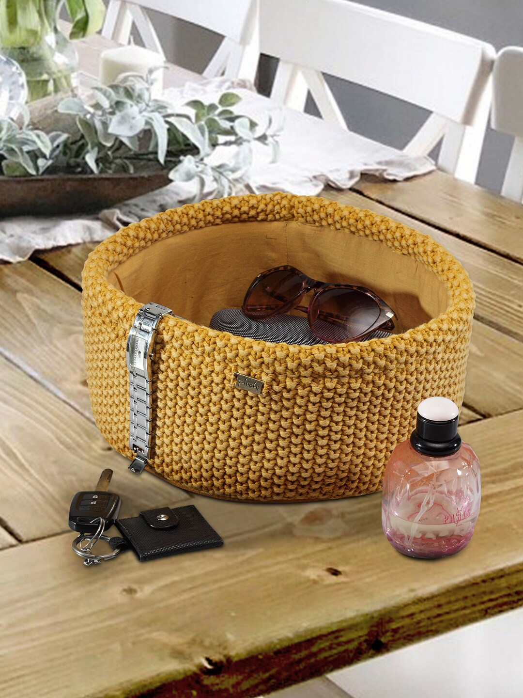 Pluchi Yellow Self Design Storage Basket Organisers