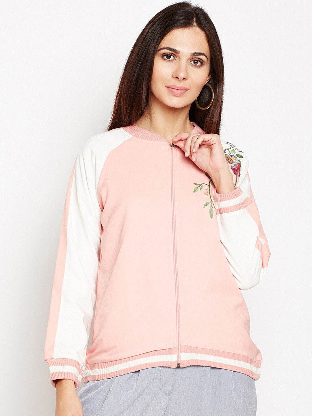 Be Indi Women Pink Floral Colourblocked Lightweight Embroidered Varsity Jacket