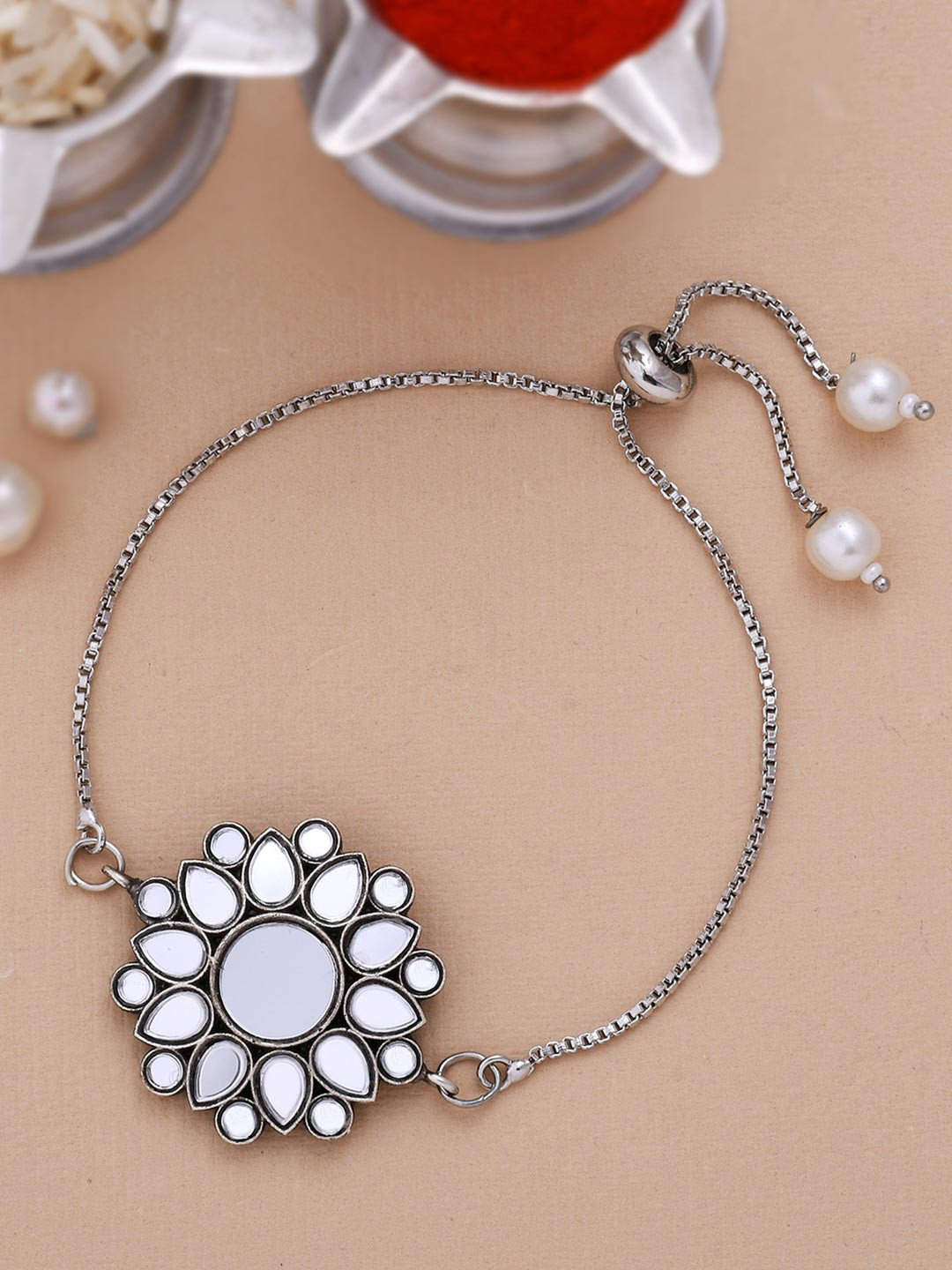 Voylla Women Kundan Embedded Silver-Toned Bracelet Style Rakhi