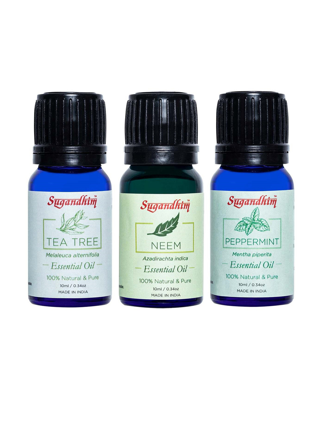 Sugandhim Set of 3 Fresh Green Trio Essential Oil Combo Peppermint Tea Tree Neem-10ml each