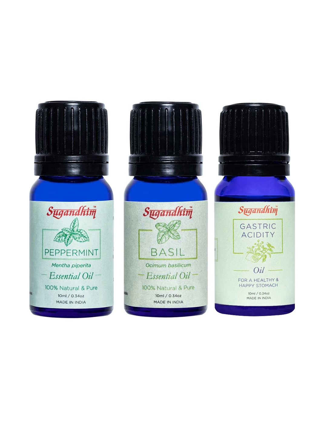 Sugandhim Set of 3 Essential Oils Basil Peppermint Gastric Acidity Relief Pure Natural30ml