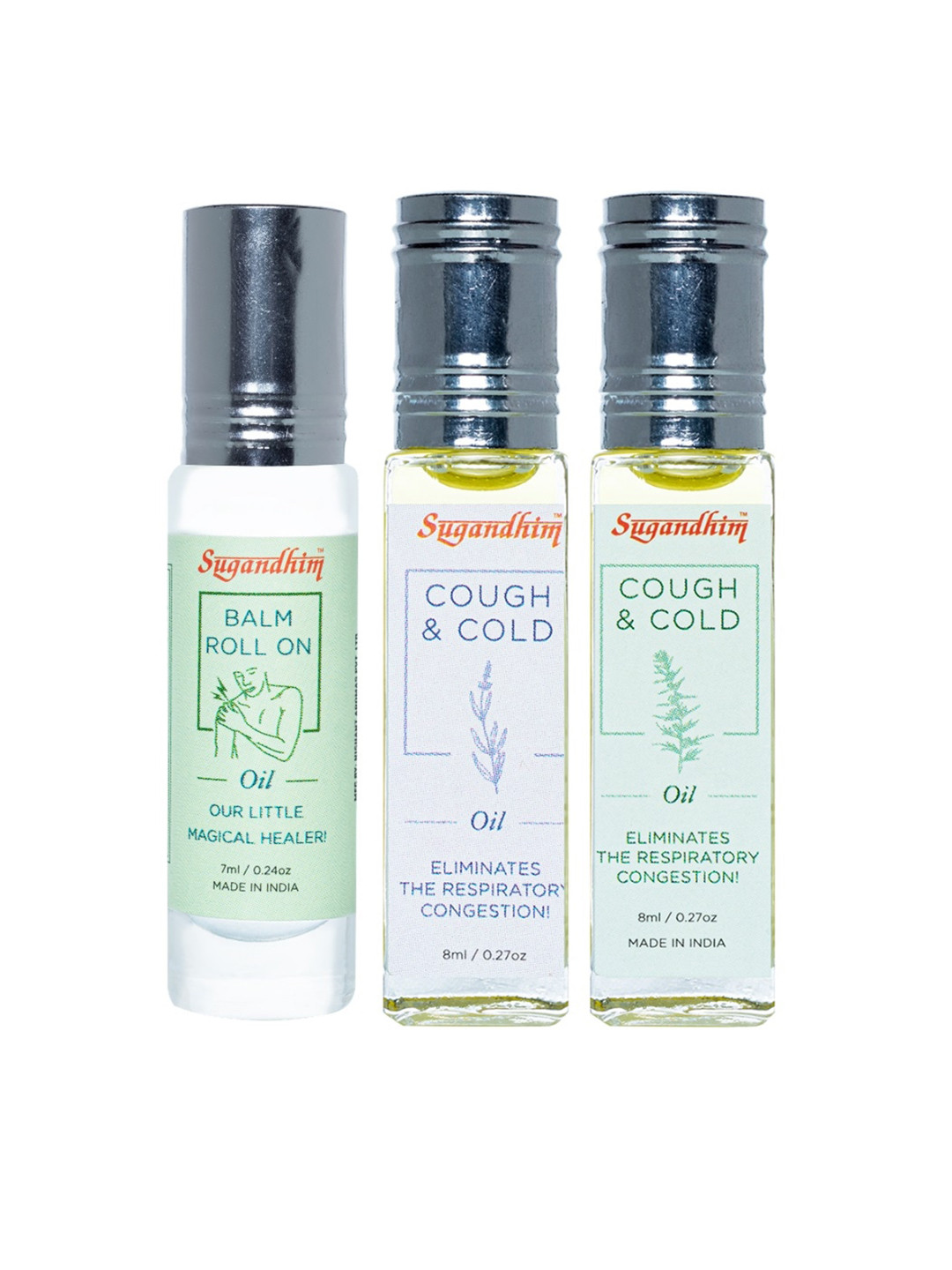 Sugandhim Set of 3 Natural Balm Roll-Ons Effective Cough & Cold Remedy Travel-Friendly