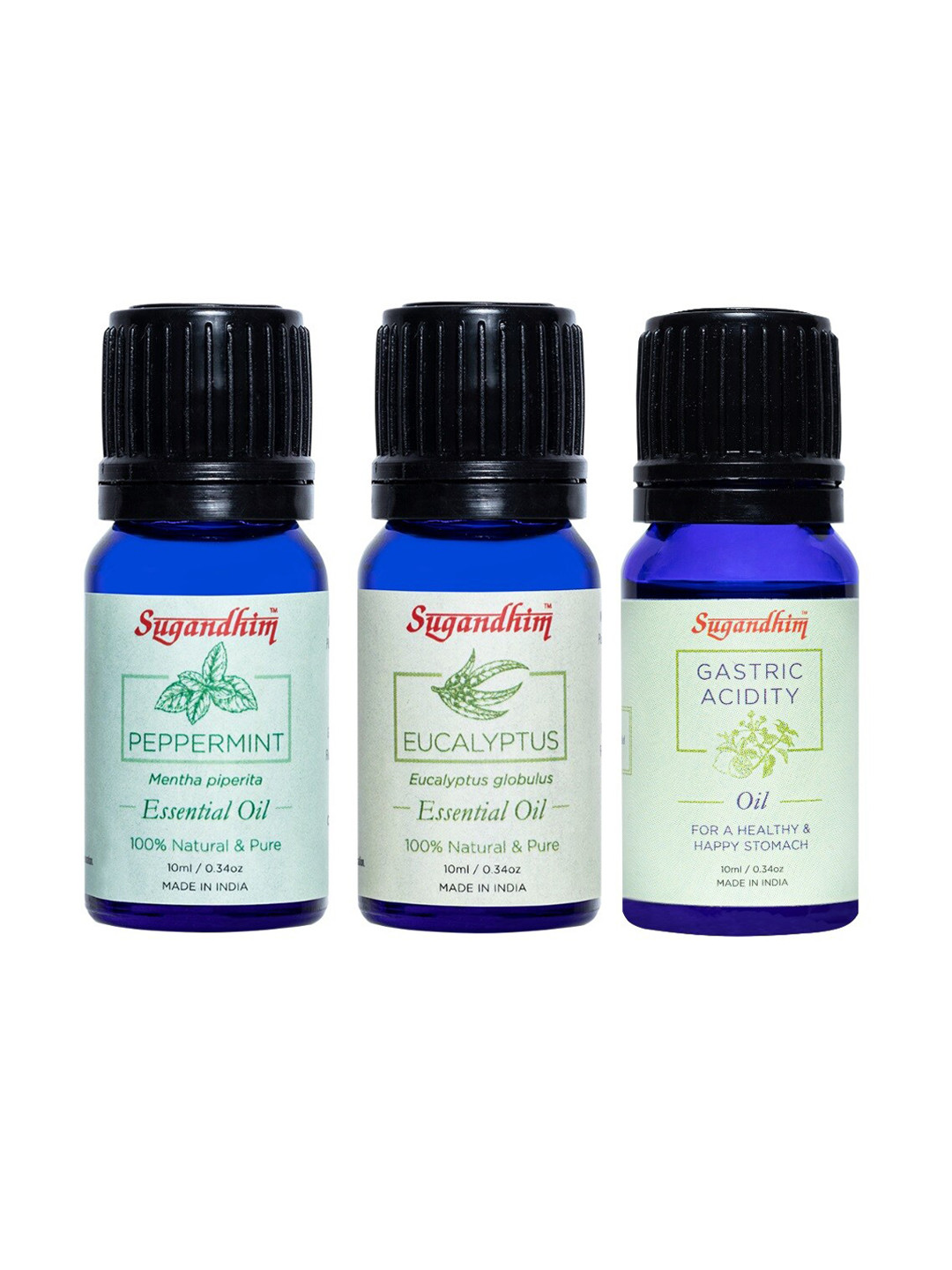 Sugandhim Blue Combo 3 Essential Oils Gastric Acidity Peppermint Eucalyptus Wellness 30ml
