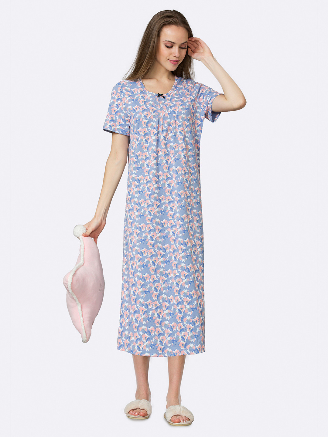 Van Heusen Women Allover Print Round Neck Pleated Front Lounge Night Gown