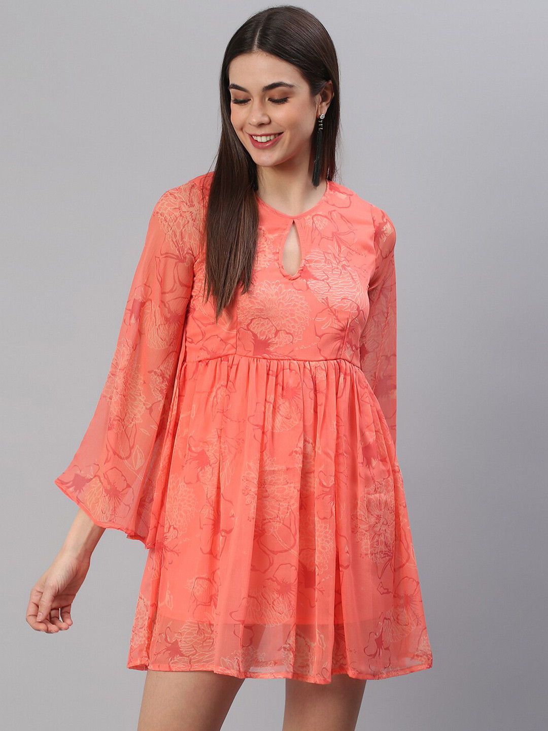 Cation Orange Floral Keyhole Neck Chiffon Dress