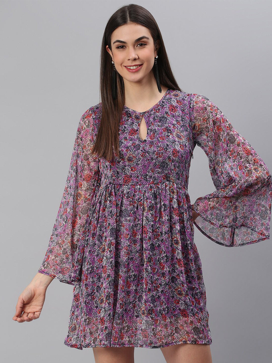 Cation Purple Floral Printed Keyhole Neck Chiffon Fit and Flare Dress
