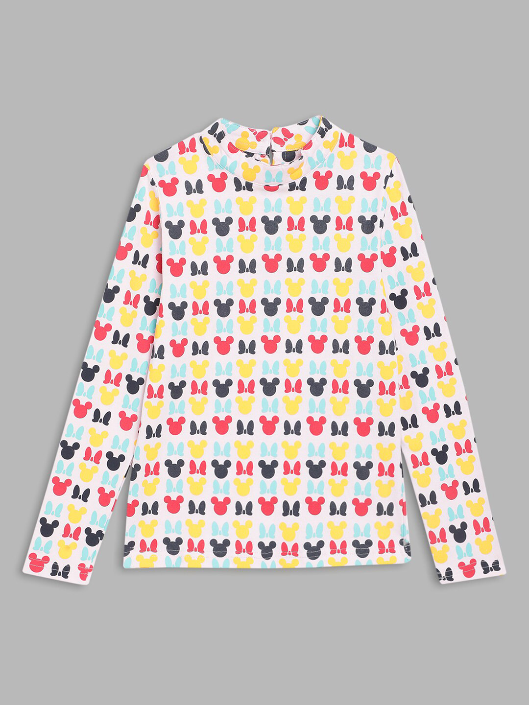 Blue Giraffe Girls White Mickey Mouse Printed High Neck Pure Cotton T-shirt
