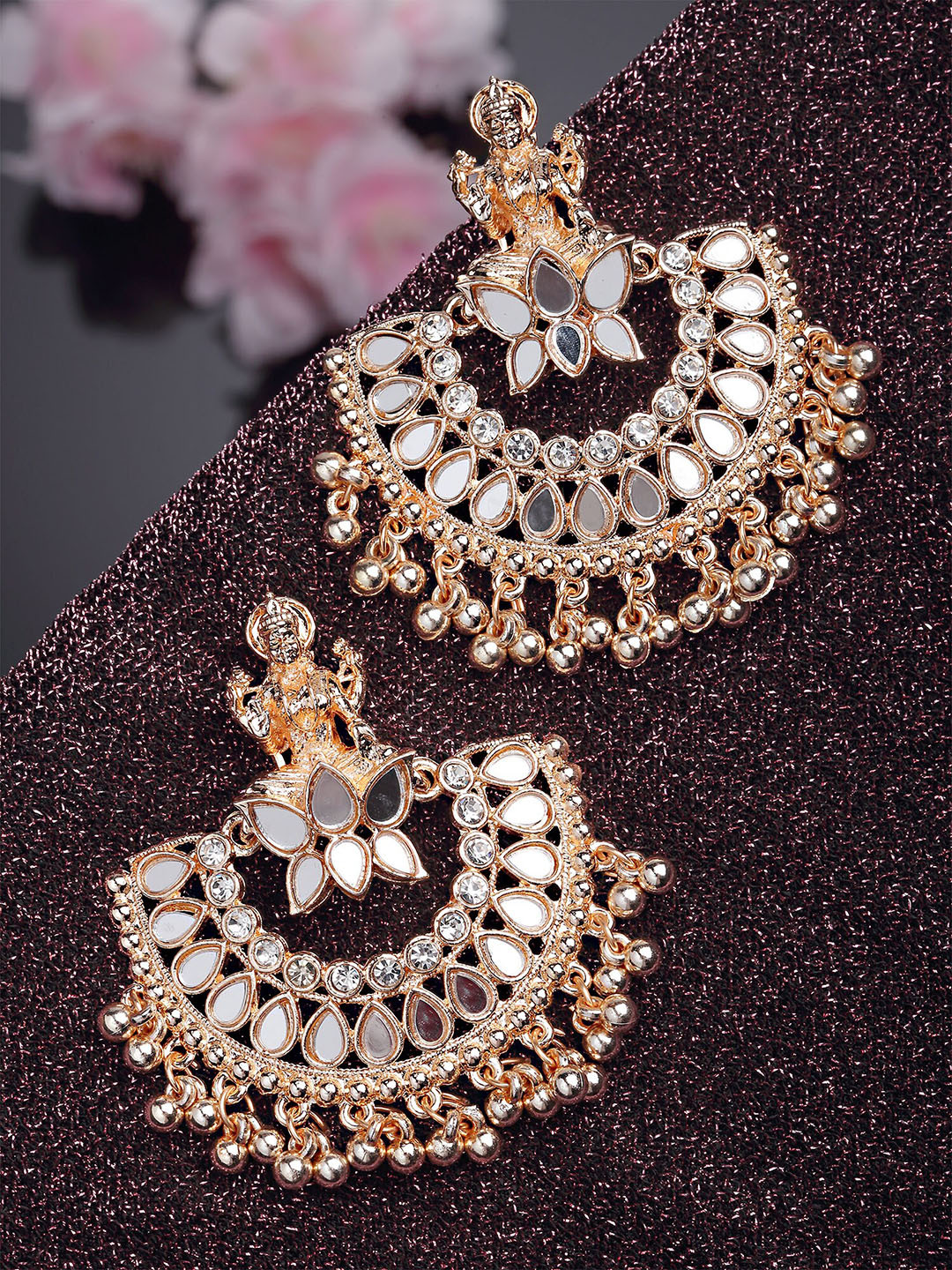 KARATCART Rose Gold Plated & White Mata Laxmi Design Chandbalis Earrings