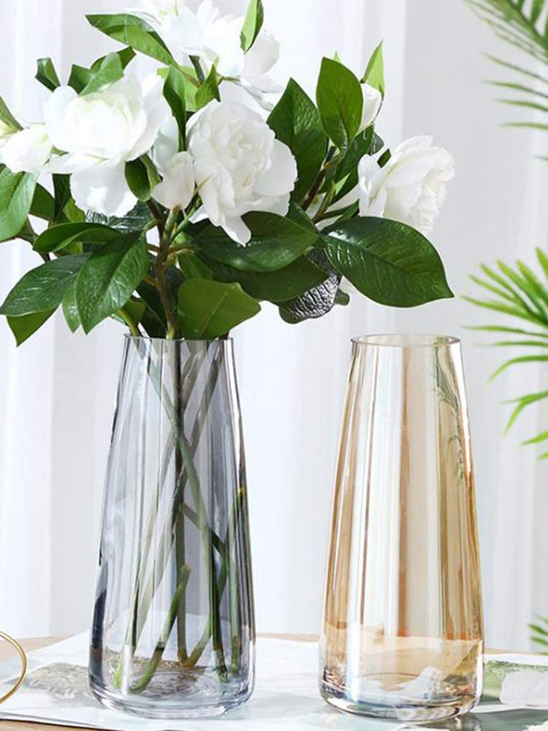 TIED RIBBONS Set Of 2 Transparent & Gold Solid Glass Vases
