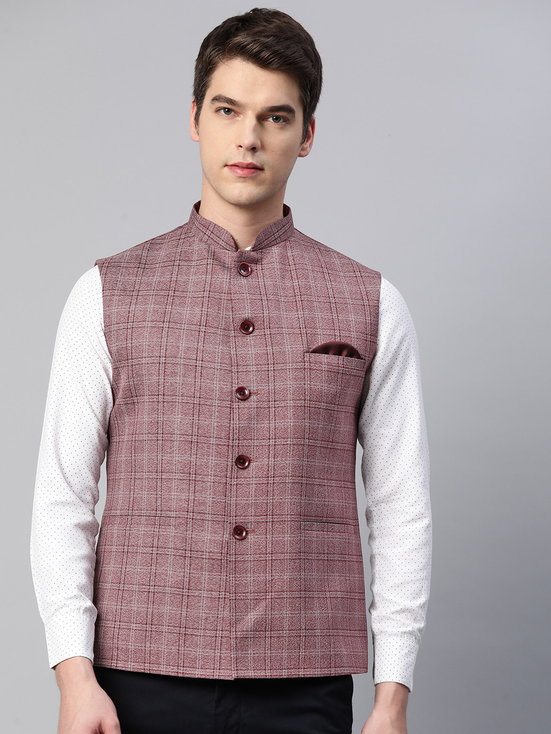 ESSAS club Men Maroon & Purple Checked Mandarin Collar Nehru Jacket
