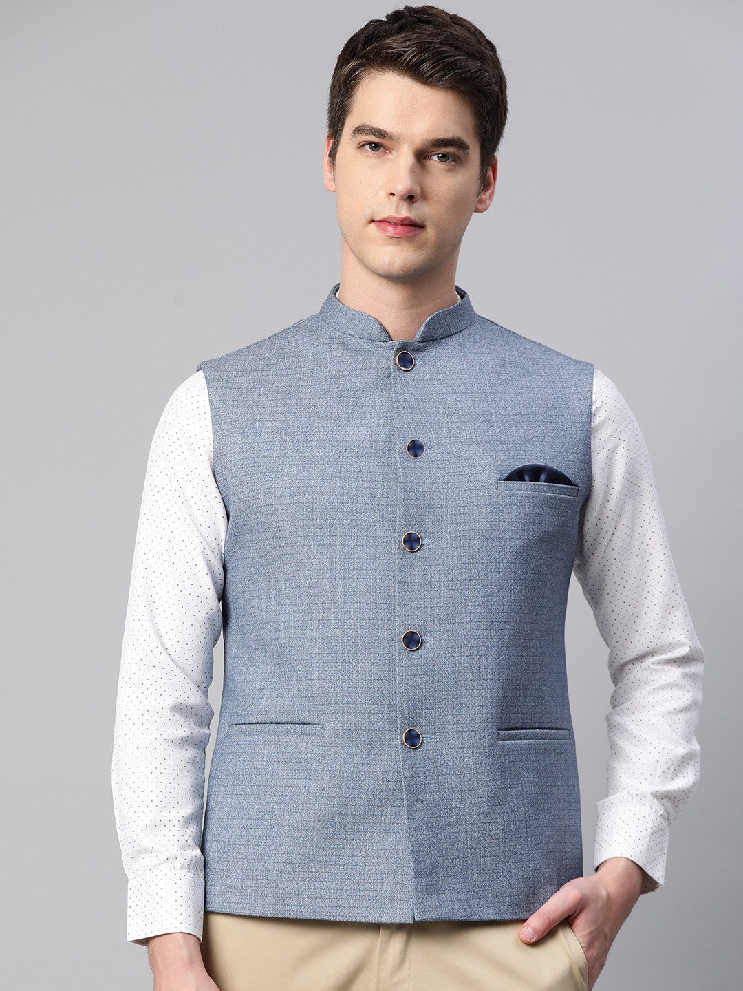 ESSAS club Men Blue Slub Self Design Jacket