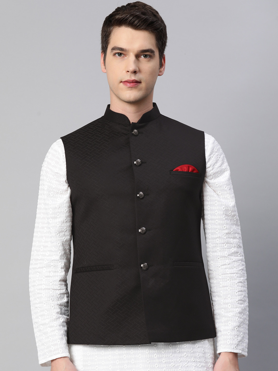 ESSAS club Men Black Geometric Printed Mandarin Collar Nehru Jacket