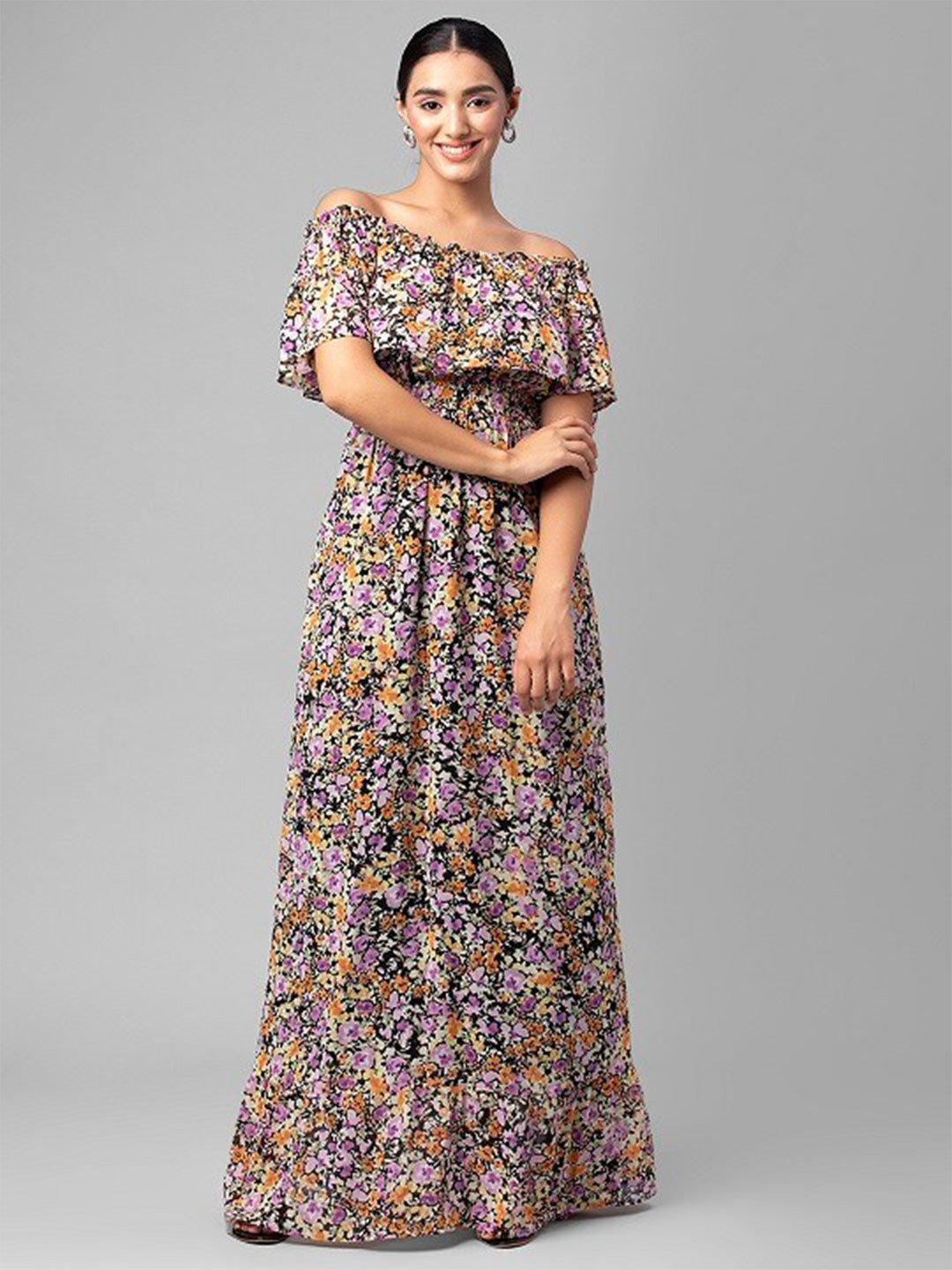 JUNE & HARRY Black Floral Off-Shoulder Georgette Maxi Dress