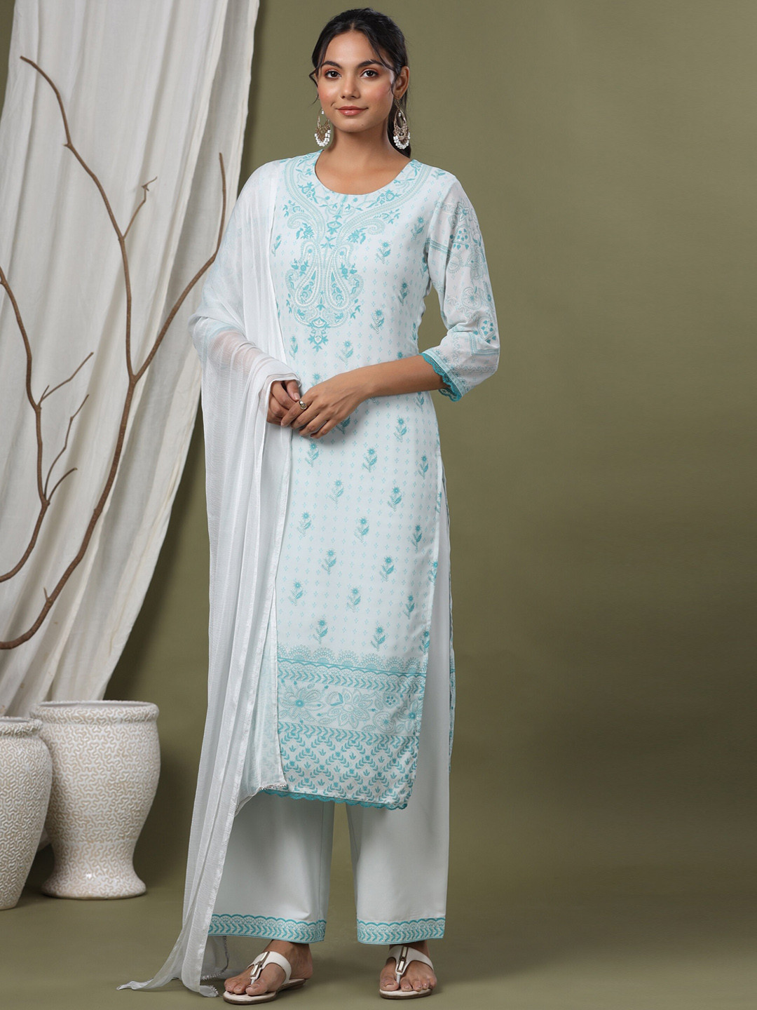 Juniper Women White Ethnic Motifs Printed Silk Chiffon Kurta with Palazzos & With Dupatta