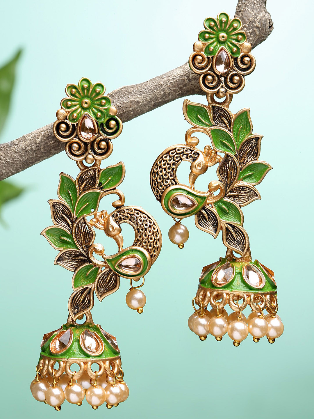 KARATCART Lime Green Classic Jhumkas Earrings