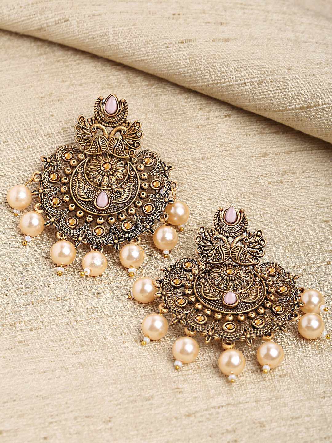 KARATCART Women Pink And Gold Toned Gold Plated Floral Design Pearl Classic Drop Earrings