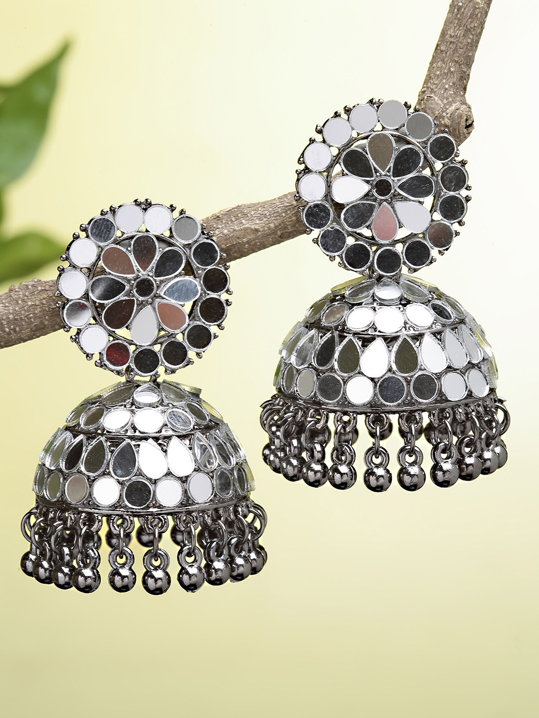 KARATCART Women Silver And Black Silver Plated Mirror Studded Jhumki Earrings