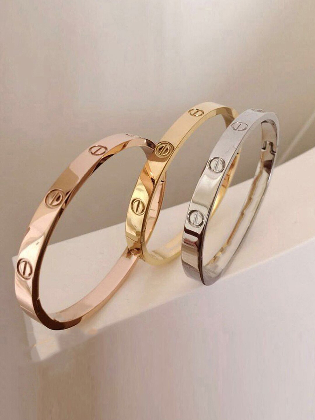 Jewels Galaxy Women Set of 3 Rose Gold & Silver-Toned Kada Bracelet