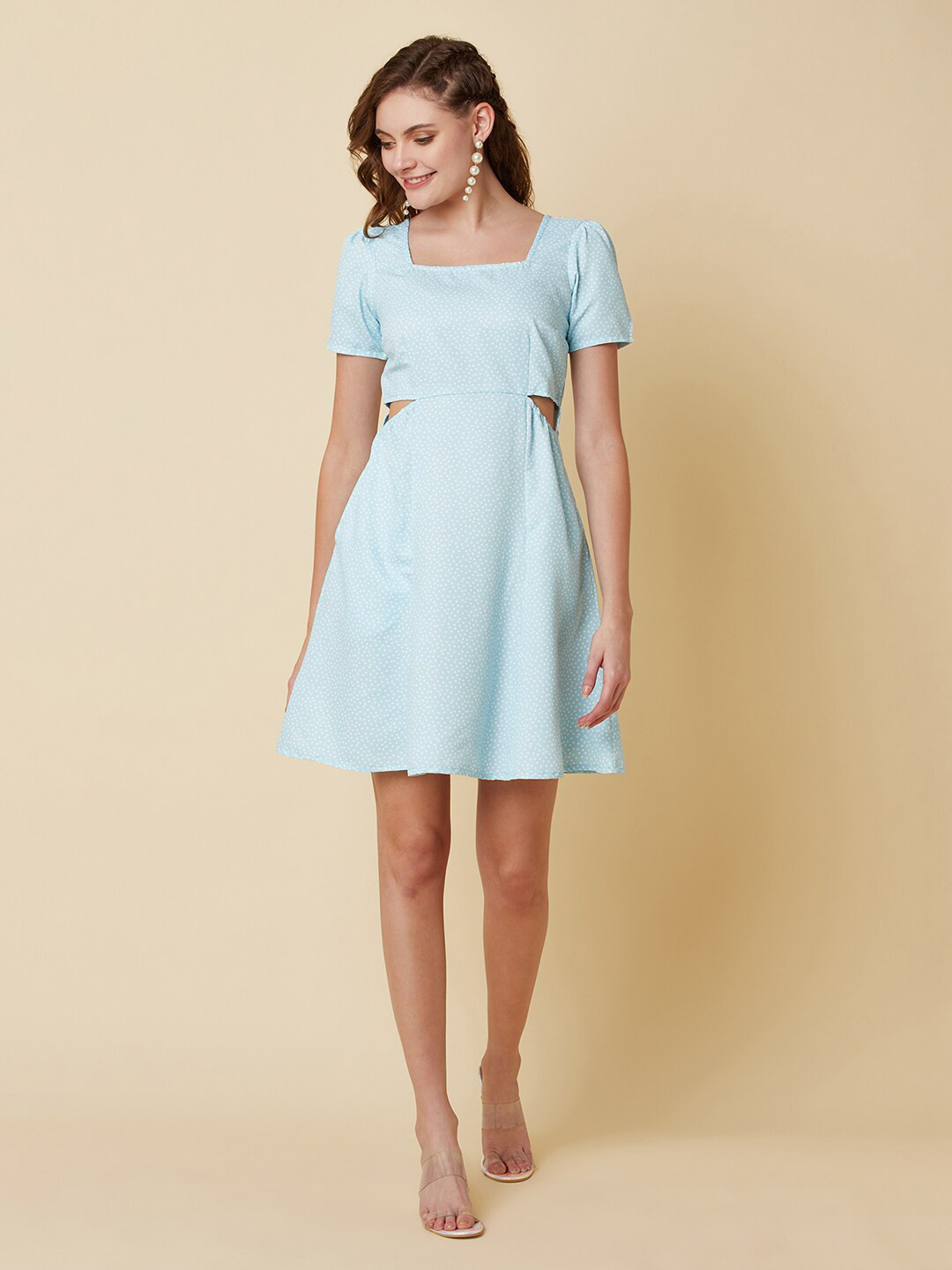 RAASSIO Blue Polka Dots Printed A-Line Dress